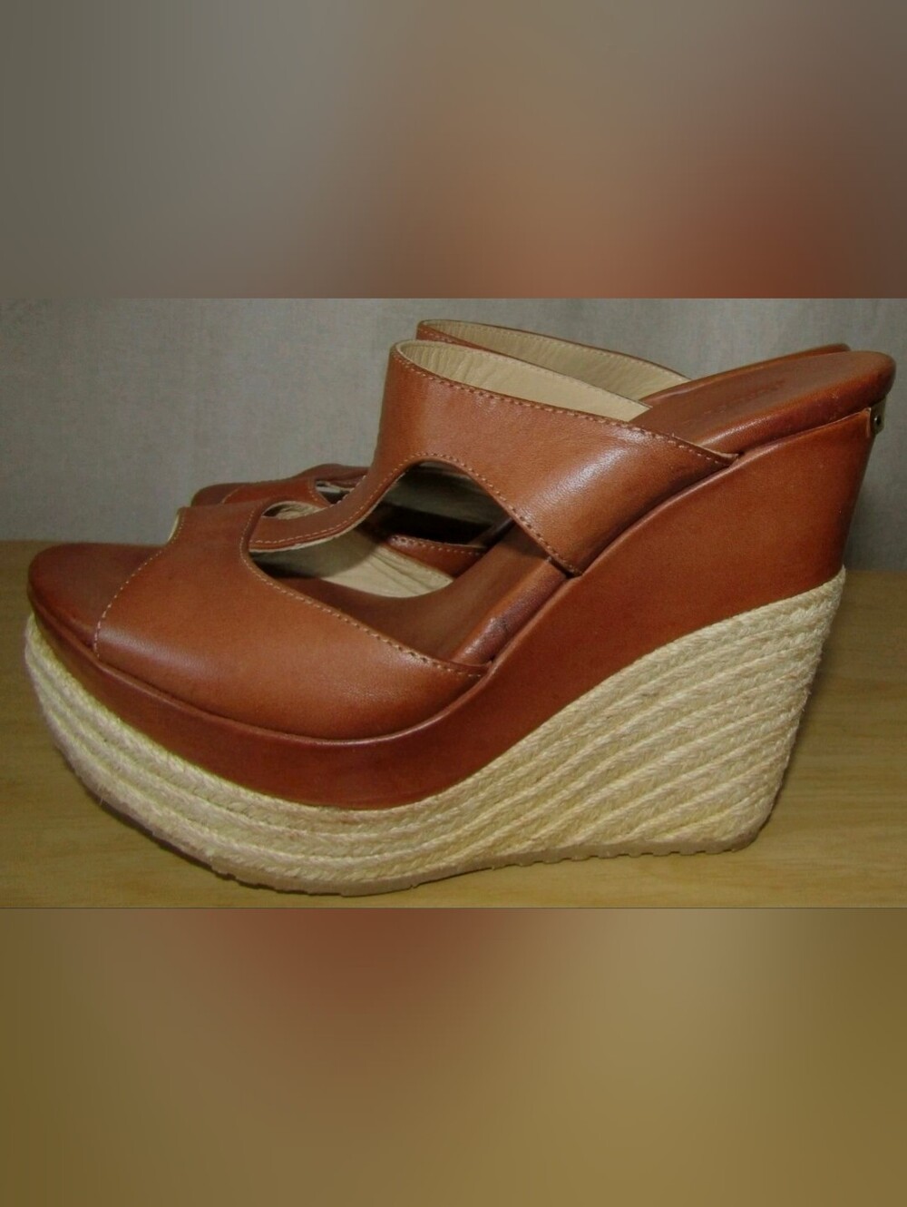 Jimmy Choo Pacane Tan Wedge Espadrille Sandals 36.5